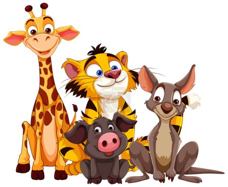 Illustration for Colorful cartoon animals smiling together happily - Royalty Free Image