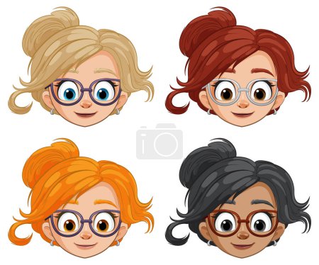 Téléchargez les illustrations : Quatre femmes illustrées avec des lunettes et des coiffures élégantes. - en licence libre de droit