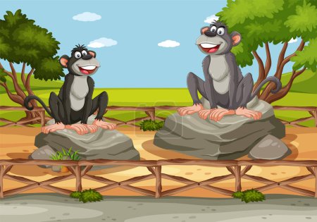 Téléchargez les illustrations : Deux singes joyeux assis sur des rochers à l'extérieur - en licence libre de droit