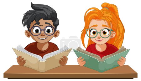 Téléchargez les illustrations : Deux enfants lisent volontiers des livres à une table - en licence libre de droit