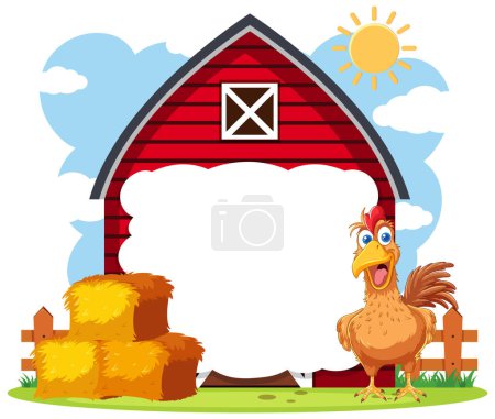 Illustration for Cheerful chicken standing outside a red barn - Royalty Free Image