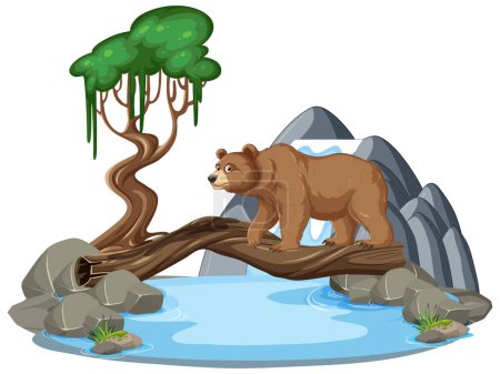 Illustration of a bear walking over a tranquil stream
