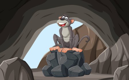 Ilustración de Un mono feliz sentado sobre piedras dentro de una cueva - Imagen libre de derechos