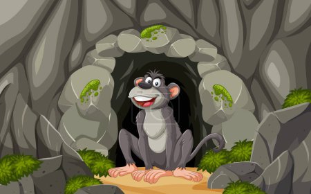Illustration for A cheerful monkey sitting inside a rocky cave - Royalty Free Image