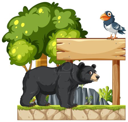 Illustration for Illustration of bear and bird near a signpost - Royalty Free Image