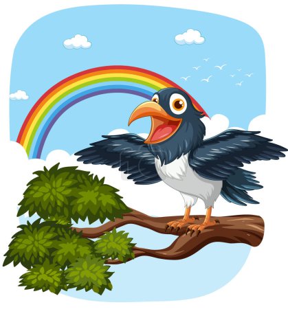 Téléchargez les illustrations : Oiseau de bande dessinée sur branche avec arc-en-ciel en arrière-plan - en licence libre de droit