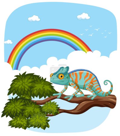 Illustration for Colorful chameleon on a branch with rainbow - Royalty Free Image
