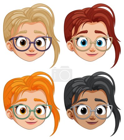 Téléchargez les illustrations : Quatre visages de dessin animé stylisés portant des lunettes - en licence libre de droit