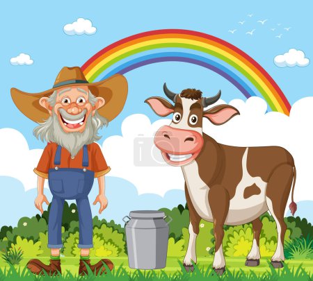 Téléchargez les illustrations : Caricature d'un fermier joyeux avec sa vache - en licence libre de droit