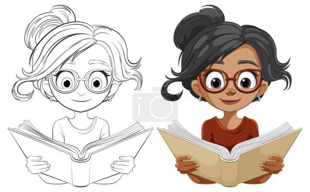 Téléchargez les illustrations : Deux filles de dessin animé lisant, appréciant la littérature ensemble - en licence libre de droit