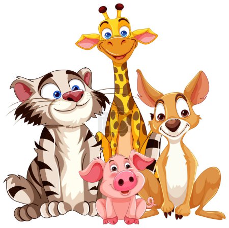 Group of cartoon animals smiling and posing together