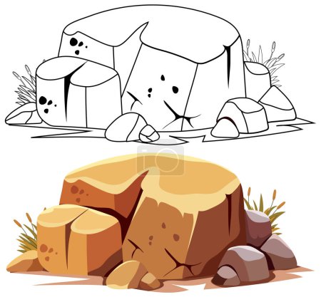 Two illustrations of rocks with cute facial expressions.