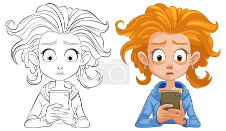 Illustration for Vector illustration of a surprised young girl with phone - Royalty Free Image