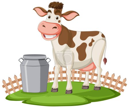 Téléchargez les illustrations : Cartoon vache debout à côté d'une boîte de lait - en licence libre de droit