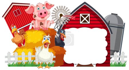 Illustration for Cartoon farm animals with a blank signboard. - Royalty Free Image