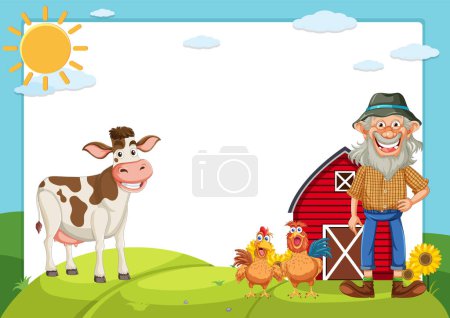 Illustration for Cartoon farmer, cow, chickens near a red barn. - Royalty Free Image