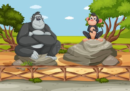 A gorilla and monkey sitting on rocks outdoors.
