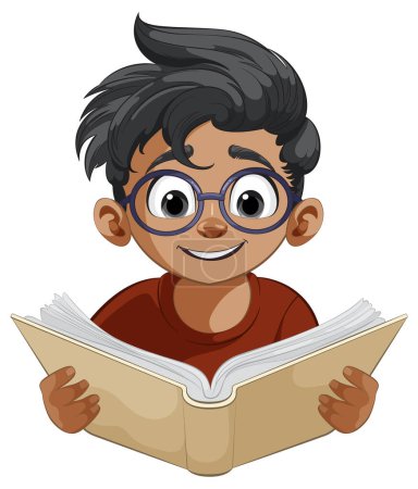Téléchargez les illustrations : Caricature d'un enfant heureux plongé dans la lecture - en licence libre de droit