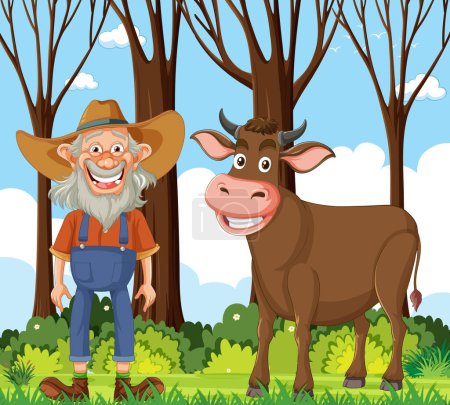 Ilustración de Dibujos animados de un granjero alegre de pie con una vaca. - Imagen libre de derechos