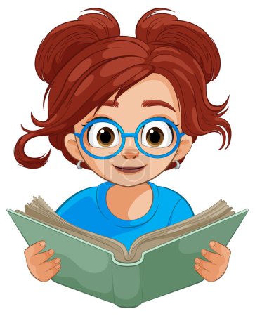 Téléchargez les illustrations : Dessin animé fille avec des lunettes de lecture intensément - en licence libre de droit