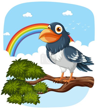 Téléchargez les illustrations : Oiseau de bande dessinée perché sur une branche d'arbre, fond arc-en-ciel - en licence libre de droit