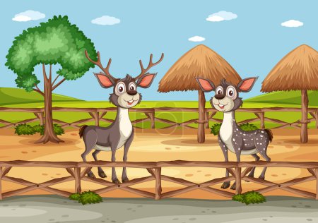 Illustration for Two cartoon deers standing on a bridge outdoors - Royalty Free Image