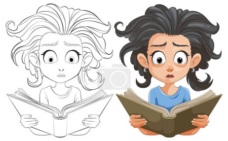 Two illustrations of a girl reading with a shocked expression