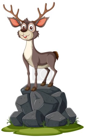 Ein glücklicher Cartoon-Hirsch, der auf einem Steinhaufen steht.