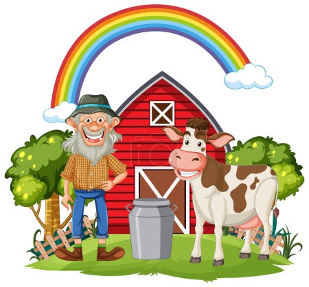 Ilustración de Alegre granjero y vaca frente al granero. - Imagen libre de derechos