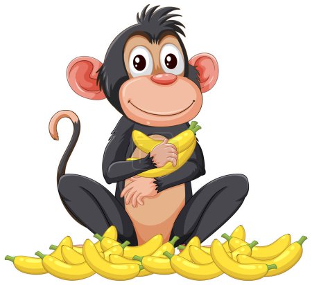 Téléchargez les illustrations : Joyeux singe dessin animé entouré de bananes - en licence libre de droit