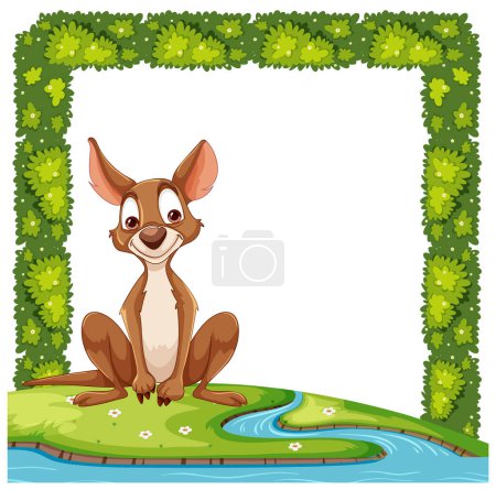 Ilustración de Feliz perro de dibujos animados sentado en un marco floral verde - Imagen libre de derechos
