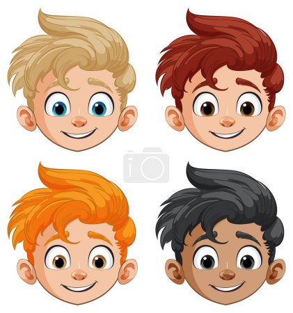 Téléchargez les illustrations : Illustration vectorielle colorée des visages de quatre enfants - en licence libre de droit