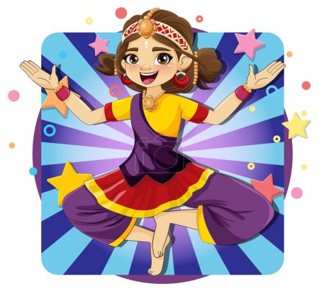 Ilustración de Chica animada bailando con estrellas y colorido telón de fondo - Imagen libre de derechos