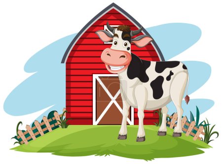 Téléchargez les illustrations : Cartoon vache debout près d'une grange par une journée ensoleillée. - en licence libre de droit