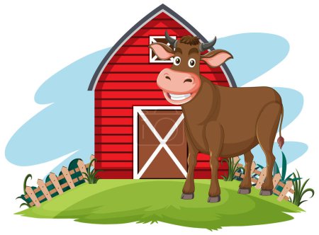 Ilustración de Caricatura vaca sonriendo fuera de un granero rojo clásico - Imagen libre de derechos
