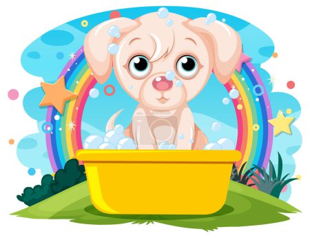 Ilustración de Lindo cachorro disfrutando de un baño burbujeante al aire libre - Imagen libre de derechos
