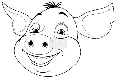 Black and white illustration of a smiling pig