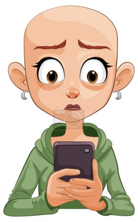 Personaje calvo de dibujos animados con ojos anchos sosteniendo un teléfono inteligente