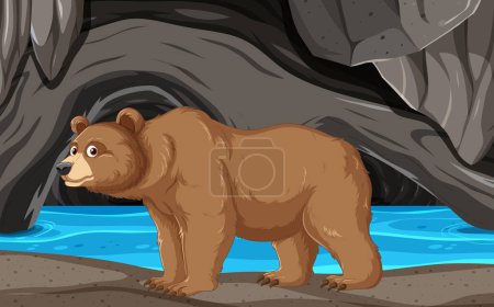 Téléchargez les illustrations : Ours brun debout près d'un ruisseau et d'une grotte - en licence libre de droit