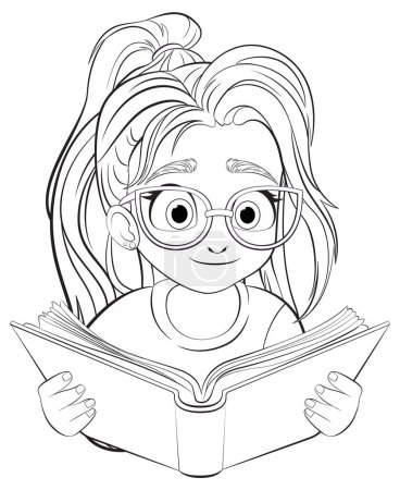 Ilustración de Dibujos animados de una chica con gafas leyendo un libro - Imagen libre de derechos