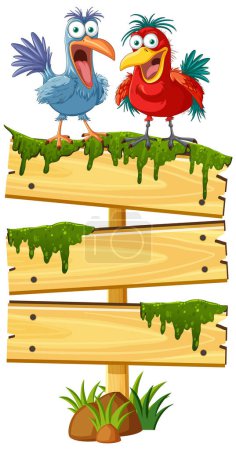 Two cartoon birds perched on mossy signboards