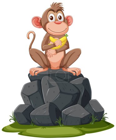 Illustration for A happy monkey sitting on stones, holding a banana. - Royalty Free Image