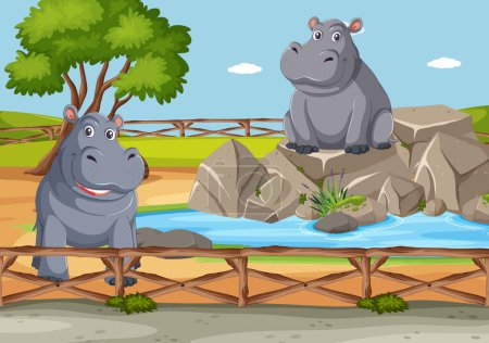 Two cartoon hippos near a small pond and rocks.
