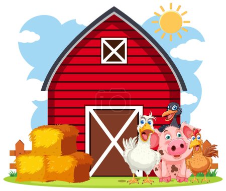 Happy farm animals in front of a red barn