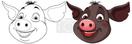 Téléchargez les photos : Illustration vectorielle de deux cochons de dessin animé souriants - en image libre de droit