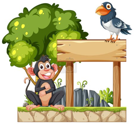 Illustration for Cheerful monkey and bird beside a blank sign - Royalty Free Image