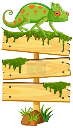 Illustration for Colorful chameleon perched on a sign with moss. - Royalty Free Image