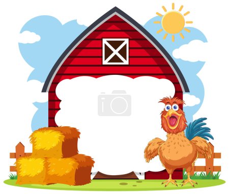 Colorful barnyard illustration with a happy rooster.