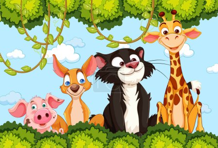 Téléchargez les illustrations : Animaux de bande dessinée souriant ensemble dans une forêt verte - en licence libre de droit