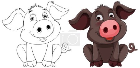 Téléchargez les illustrations : Deux cochons mignons, un esquissé et un coloré. - en licence libre de droit